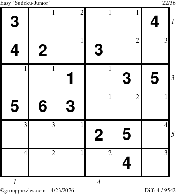 The grouppuzzles.com Easy Sudoku-Junior puzzle for Thursday April 23, 2026 with all 4 steps marked