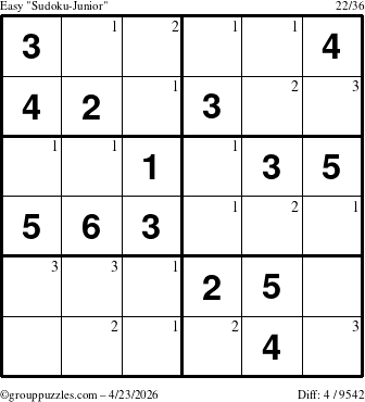 The grouppuzzles.com Easy Sudoku-Junior puzzle for Thursday April 23, 2026 with the first 3 steps marked