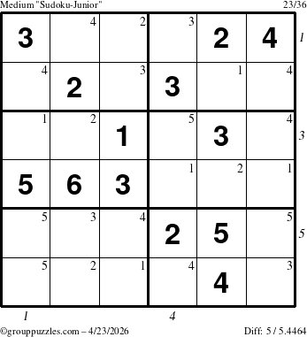 The grouppuzzles.com Medium Sudoku-Junior puzzle for Thursday April 23, 2026 with all 5 steps marked