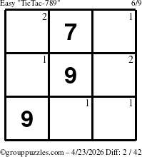 The grouppuzzles.com Easy TicTac-789 puzzle for Thursday April 23, 2026 with the first 2 steps marked