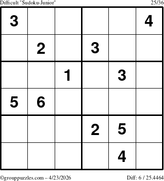 The grouppuzzles.com Difficult Sudoku-Junior puzzle for Thursday April 23, 2026
