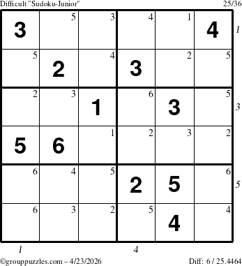 The grouppuzzles.com Difficult Sudoku-Junior puzzle for Thursday April 23, 2026, suitable for printing, with all 6 steps marked