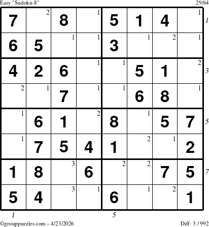 The grouppuzzles.com Easy Sudoku-8 puzzle for Thursday April 23, 2026 with all 3 steps marked