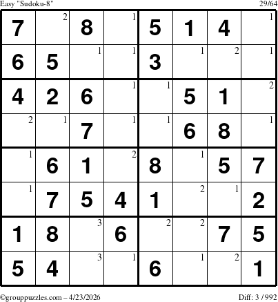 The grouppuzzles.com Easy Sudoku-8 puzzle for Thursday April 23, 2026 with the first 3 steps marked