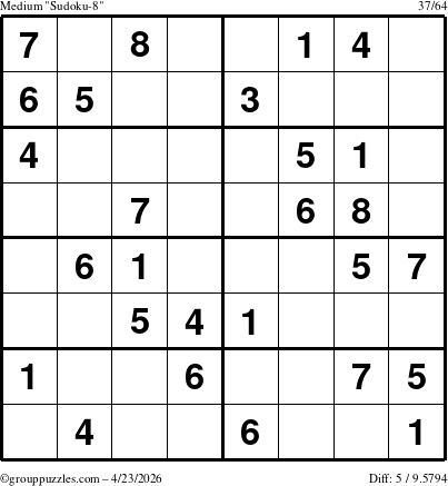The grouppuzzles.com Medium Sudoku-8 puzzle for Thursday April 23, 2026