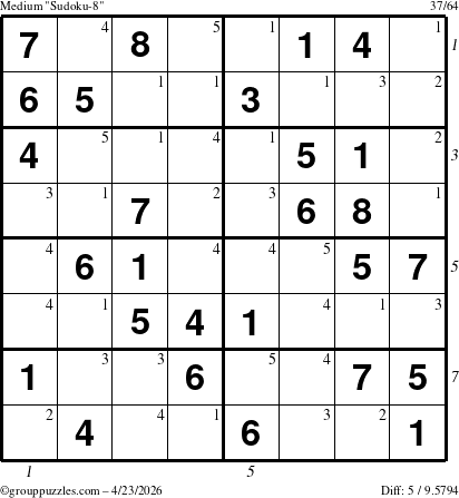 The grouppuzzles.com Medium Sudoku-8 puzzle for Thursday April 23, 2026, suitable for printing, with all 5 steps marked