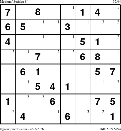 The grouppuzzles.com Medium Sudoku-8 puzzle for Thursday April 23, 2026 with the first 3 steps marked