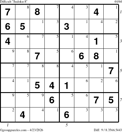 The grouppuzzles.com Difficult Sudoku-8 puzzle for Thursday April 23, 2026 with all 9 steps marked