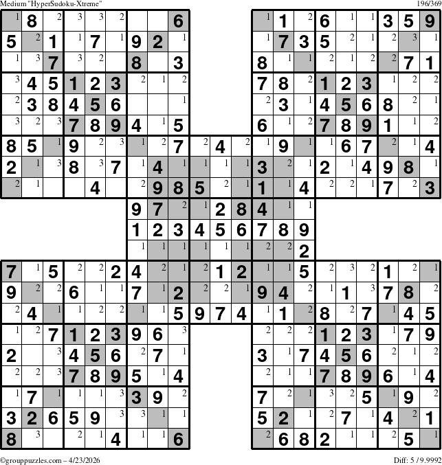 The grouppuzzles.com Medium cover-HyperXtreme puzzle for Thursday April 23, 2026 with the first 3 steps marked