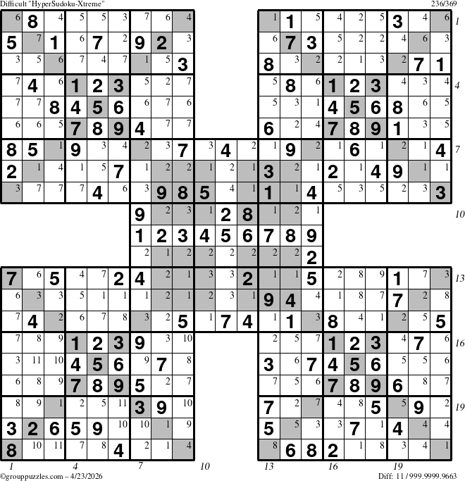 The grouppuzzles.com Difficult cover-HyperXtreme puzzle for Thursday April 23, 2026 with all 11 steps marked