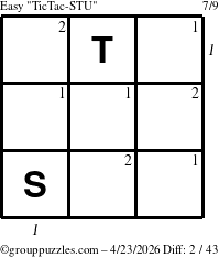 The grouppuzzles.com Easy TicTac-STU puzzle for Thursday April 23, 2026 with all 2 steps marked