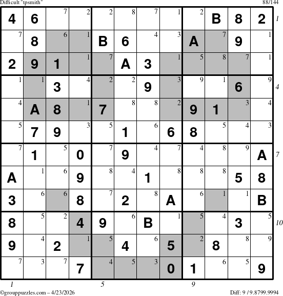 The grouppuzzles.com Difficult tpsmith puzzle for Thursday April 23, 2026 with all 9 steps marked