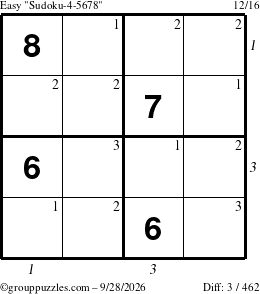 The grouppuzzles.com Easy Sudoku-4-5678 puzzle for Monday September 28, 2026, suitable for printing, with all 3 steps marked