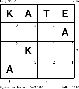 The grouppuzzles.com Easy Kate puzzle for Monday September 28, 2026, suitable for printing, with all 3 steps marked