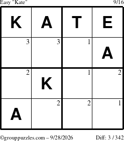 The grouppuzzles.com Easy Kate puzzle for Monday September 28, 2026 with the first 3 steps marked