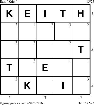 The grouppuzzles.com Easy Keith puzzle for Monday September 28, 2026, suitable for printing, with all 3 steps marked