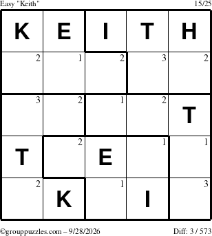 The grouppuzzles.com Easy Keith puzzle for Monday September 28, 2026 with the first 3 steps marked