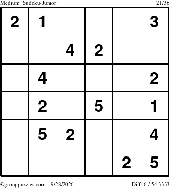 The grouppuzzles.com Medium Sudoku-Junior puzzle for Monday September 28, 2026