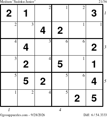 The grouppuzzles.com Medium Sudoku-Junior puzzle for Monday September 28, 2026 with all 6 steps marked