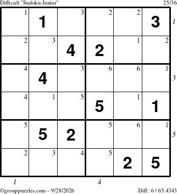 The grouppuzzles.com Difficult Sudoku-Junior puzzle for Monday September 28, 2026 with all 6 steps marked