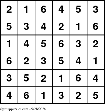 The grouppuzzles.com Answer grid for the Sudoku-Junior puzzle for Monday September 28, 2026