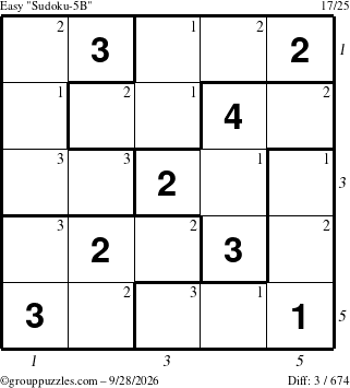 The grouppuzzles.com Easy Sudoku-5B puzzle for Monday September 28, 2026, suitable for printing, with all 3 steps marked