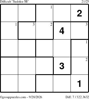 The grouppuzzles.com Difficult Sudoku-5B puzzle for Monday September 28, 2026 with the first 3 steps marked
