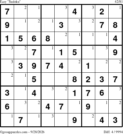 The grouppuzzles.com Easy Sudoku puzzle for Monday September 28, 2026 with the first 3 steps marked