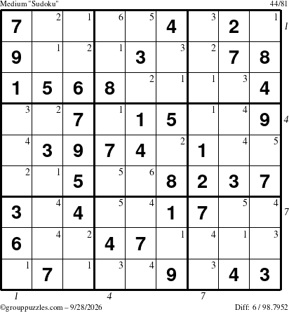The grouppuzzles.com Medium Sudoku puzzle for Monday September 28, 2026, suitable for printing, with all 6 steps marked