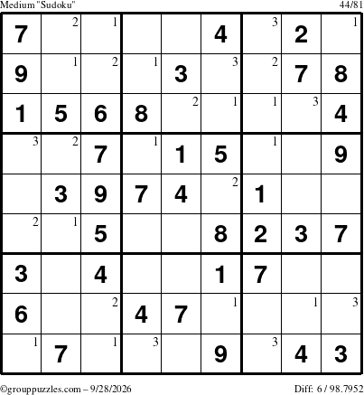 The grouppuzzles.com Medium Sudoku puzzle for Monday September 28, 2026 with the first 3 steps marked