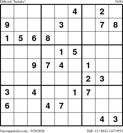 The grouppuzzles.com Difficult Sudoku puzzle for Monday September 28, 2026