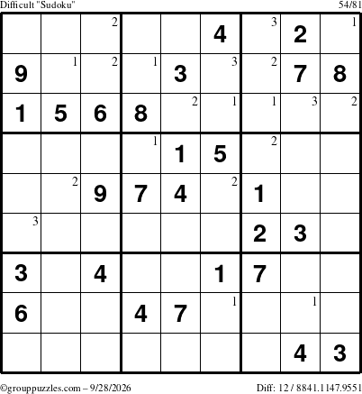 The grouppuzzles.com Difficult Sudoku puzzle for Monday September 28, 2026 with the first 3 steps marked