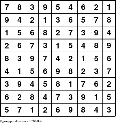 The grouppuzzles.com Answer grid for the Sudoku puzzle for Monday September 28, 2026