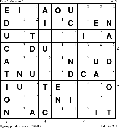 The grouppuzzles.com Easy Education-c1 puzzle for Monday September 28, 2026, suitable for printing, with all 4 steps marked