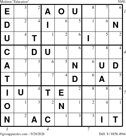 The grouppuzzles.com Medium Education-c1 puzzle for Monday September 28, 2026 with all 8 steps marked