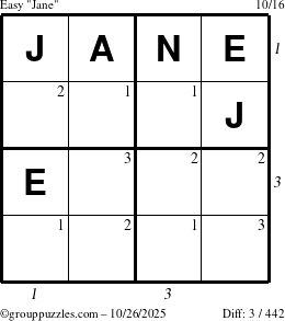 The grouppuzzles.com Easy Jane puzzle for Sunday October 26, 2025 with all 3 steps marked