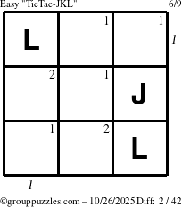 The grouppuzzles.com Easy TicTac-JKL puzzle for Sunday October 26, 2025 with all 2 steps marked