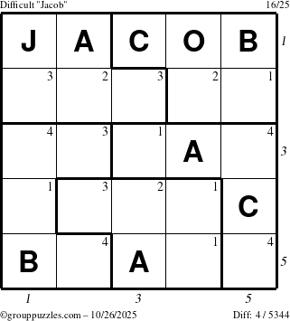 The grouppuzzles.com Difficult Jacob puzzle for Sunday October 26, 2025 with all 4 steps marked
