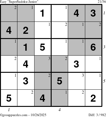 The grouppuzzles.com Easy SuperSudoku-Junior puzzle for Sunday October 26, 2025 with all 3 steps marked