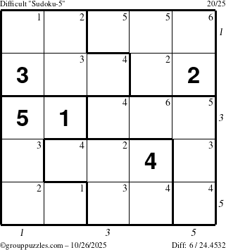 The grouppuzzles.com Difficult Sudoku-5 puzzle for Sunday October 26, 2025 with all 6 steps marked