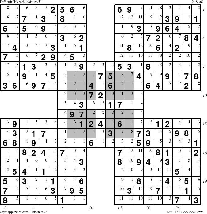 The grouppuzzles.com Difficult HyperSudoku-by5 puzzle for Sunday October 26, 2025 with all 12 steps marked