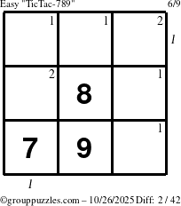 The grouppuzzles.com Easy TicTac-789 puzzle for Sunday October 26, 2025 with all 2 steps marked