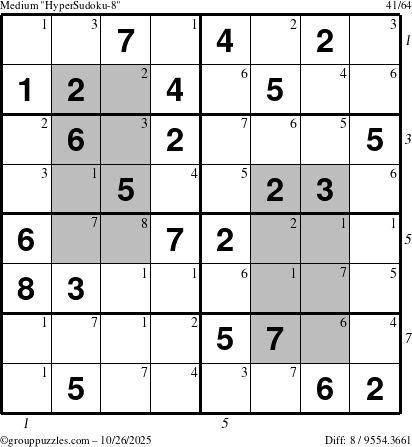The grouppuzzles.com Medium HyperSudoku-8 puzzle for Sunday October 26, 2025 with all 8 steps marked