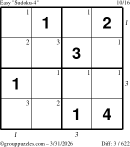 The grouppuzzles.com Easy Sudoku-4 puzzle for Tuesday March 31, 2026, suitable for printing, with all 3 steps marked