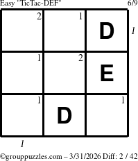 The grouppuzzles.com Easy TicTac-DEF puzzle for Tuesday March 31, 2026 with all 2 steps marked