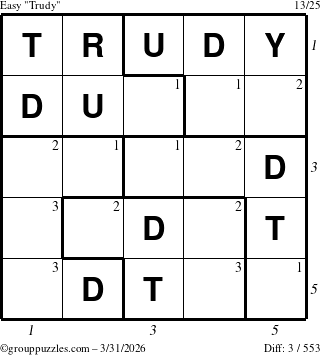 The grouppuzzles.com Easy Trudy puzzle for Tuesday March 31, 2026 with all 3 steps marked