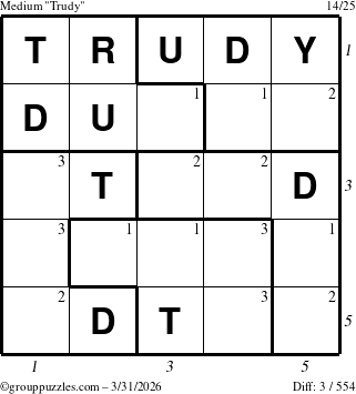 The grouppuzzles.com Medium Trudy puzzle for Tuesday March 31, 2026 with all 3 steps marked