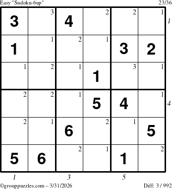 The grouppuzzles.com Easy Sudoku-6up puzzle for Tuesday March 31, 2026 with all 3 steps marked