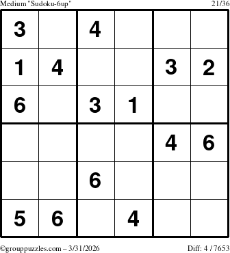 The grouppuzzles.com Medium Sudoku-6up puzzle for Tuesday March 31, 2026
