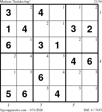 The grouppuzzles.com Medium Sudoku-6up puzzle for Tuesday March 31, 2026 with all 4 steps marked